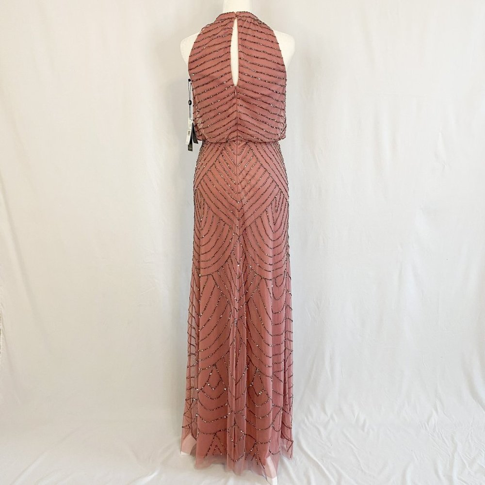 Adrianna Papell Art Deco Beaded Blouson Dress w/ Halter Neckline in Rose Mercury - Picture 8 of 14